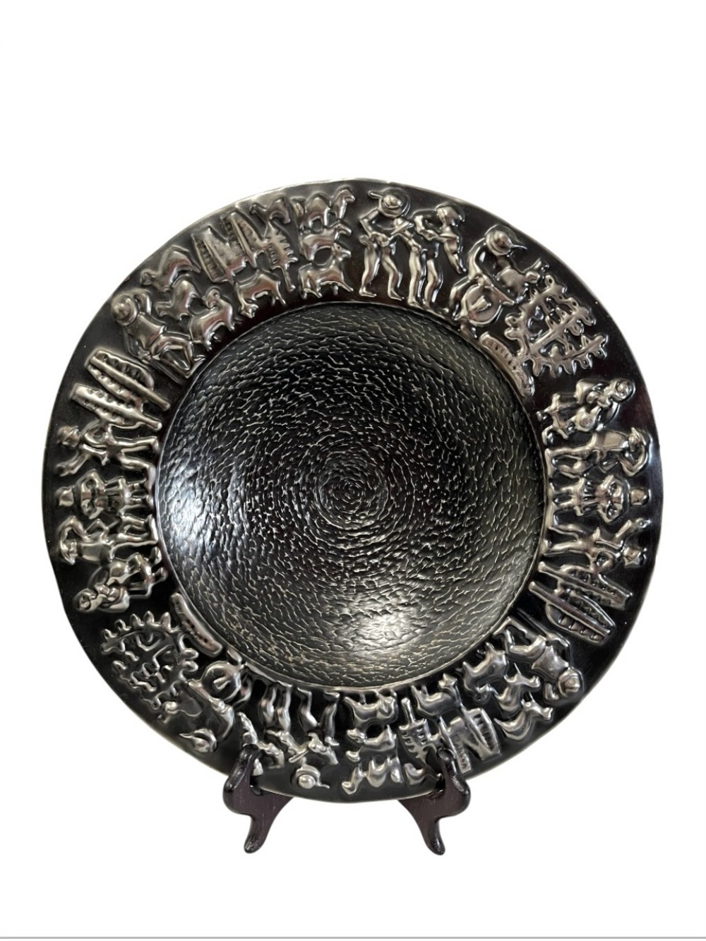 Vintage Decorative Tin Souvenir Black and Silver Wall Plate - Farming Scene